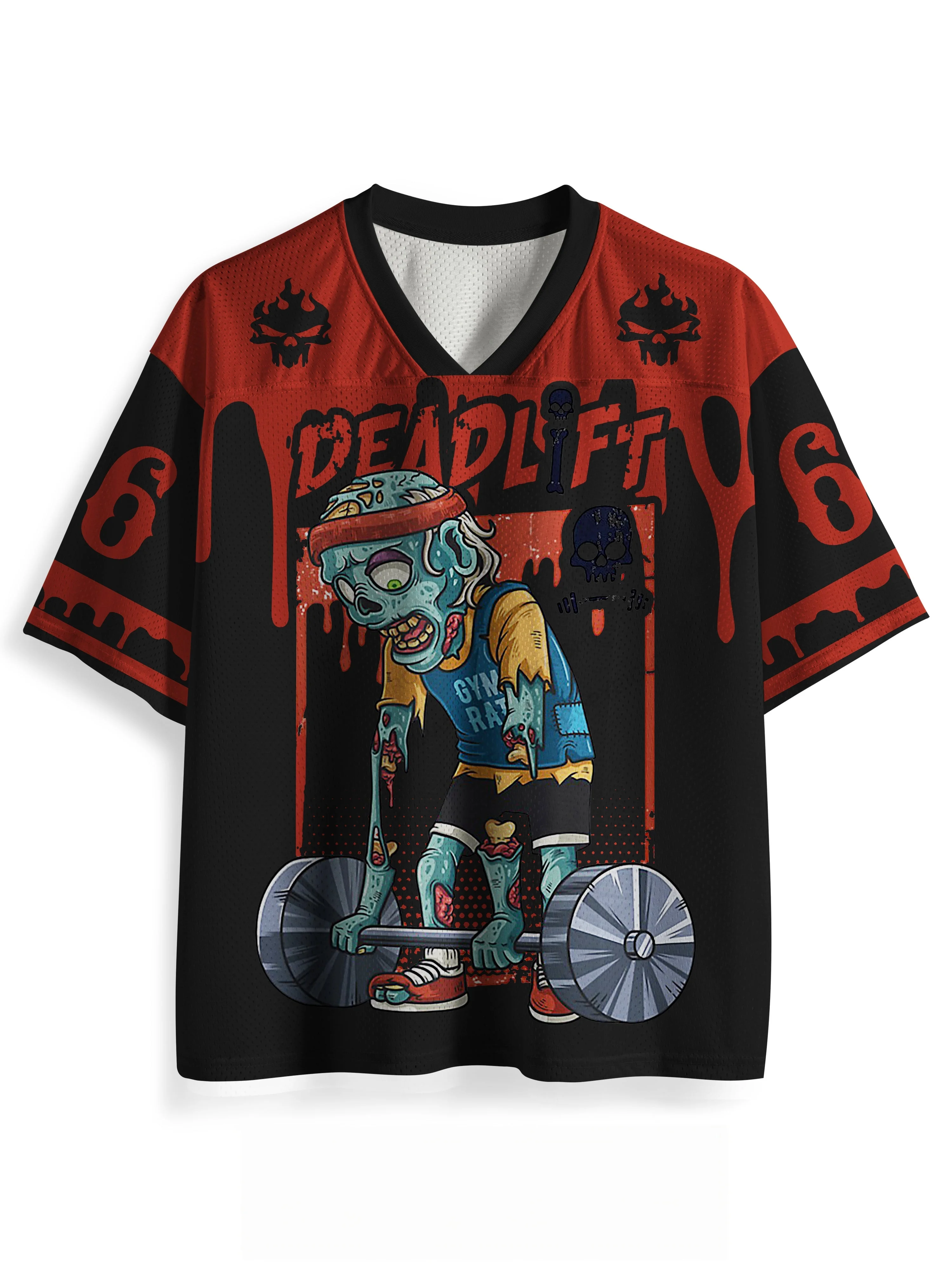 Unisex Y2K Zombie Dumbbell Fitness Graphic Mesh Jersey V‑Neck Short Sleeve Breathable Loose Streetwear Personality Sports Tops