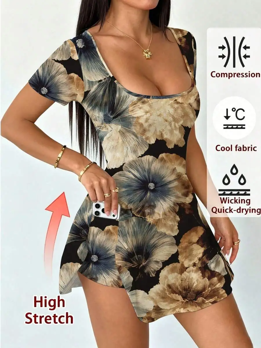 Floral Print Square Neck Fake Two Piece Tennis Dress High Elasticity Quick Drying Sports Dress With Pocket Summer Fitness And