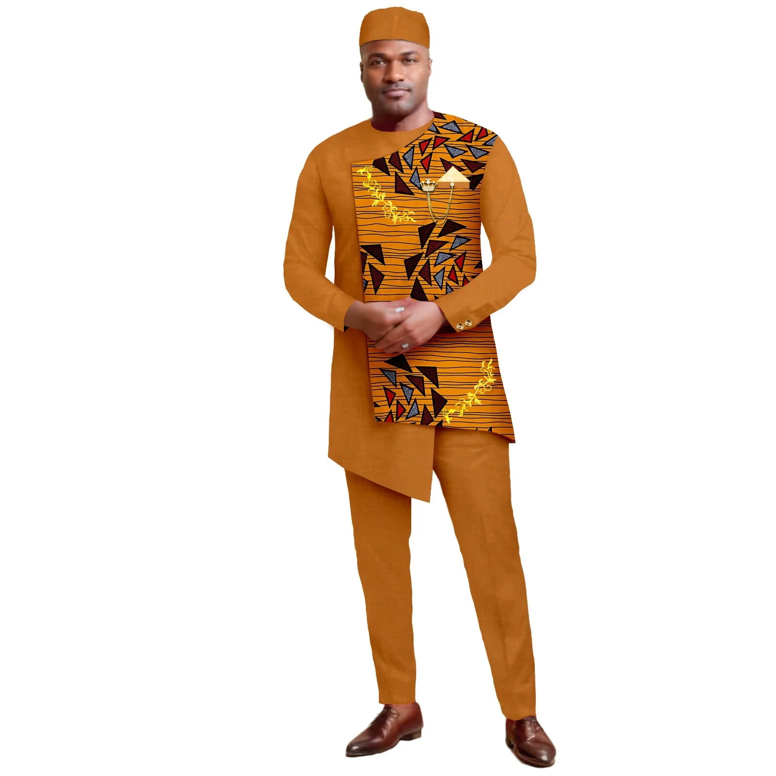 Abiti africani da uomo Set blazer e pantaloni con stampa ricamata Abito da lavoro con fazzoletto Serata di nozze per feste