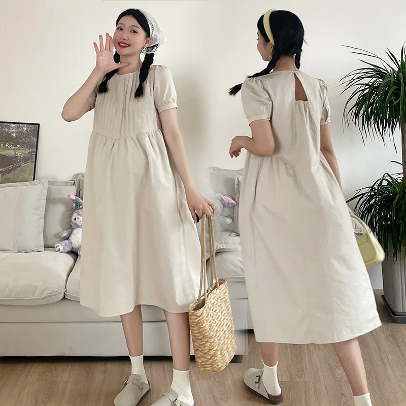 

Woman Brief Dress Solid Color Pregnancy A-line Dress Korean Style Maternity Fashion Dress Plus Size Short Sleeve O-neck Pregnant