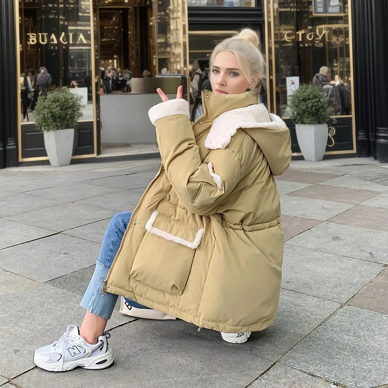 Jaqueta de algodão de lã de cordeiro para mulher 2025 inverno contraste com capuz casual parkas casacos 2 bolso engrossar jaqueta quente roupas femininas