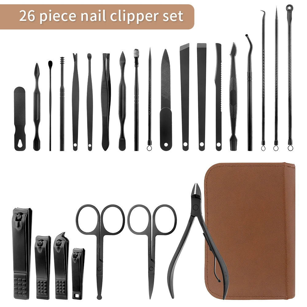 26 pieces brown nail kit Nail clipper kit, stainless steel nail travel kit, nail care kit with luxury storage box