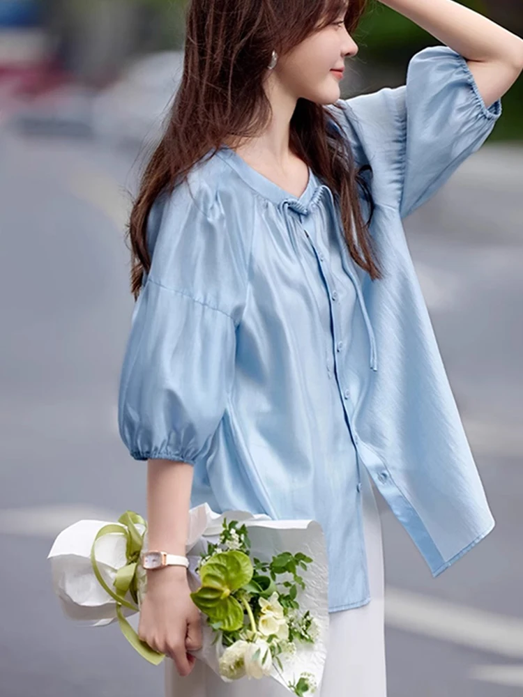 قميص نسائي فضفاض بلون واحد للتنحيف بأكمام ثلاثة أرباع عصري على الطراز الكوري قصة مستقيمة جديد للصيف