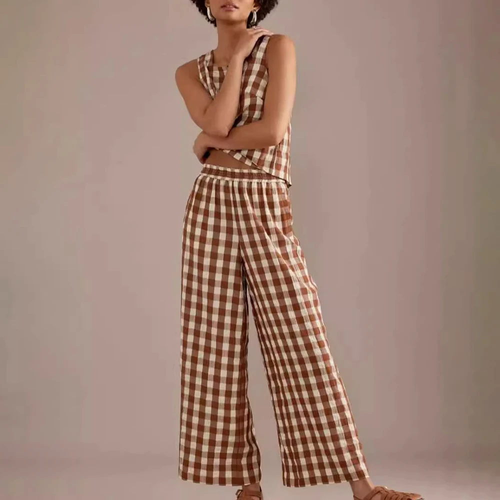 

Mia Muse Sets Summer Chic Plaid Sleeveless Crew Neck Tanks Elastic Waist Ankle Straight Pants Casual Sets for Women