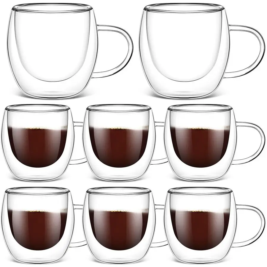 

8 Pack 8 oz Glass Coffee Mugs Clear Insulated Glass Espresso Coffee Cups with Handle Cafe Mugs Set Borosilicate Glassware Cups f