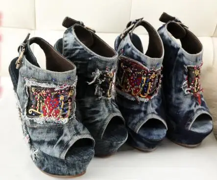 Dark Blue Jeans Denim Embroidery Colorful Rhinestone Peep Toe Wedge Sandals Women Summer Platform 12 15 CM High Heel Shoes