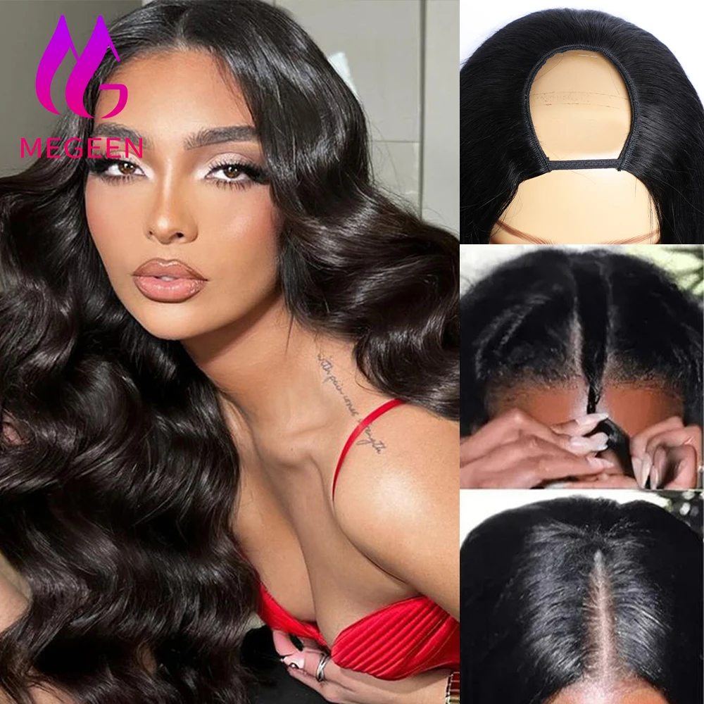 

Megeen U Part Wigs Body Wave Small Leave out Human Hair No Glue No Sew In Machine Wigs Peruvian Virgin Hair 18-30 Inch For Women