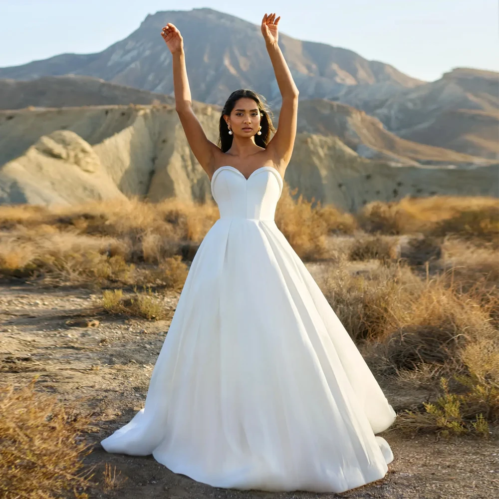 

Simple A Line Strapless Sleeveless Wedding Dress Customized Satin Bride Gowns Open Back Sweetheart Neck New Vestidos De Novia