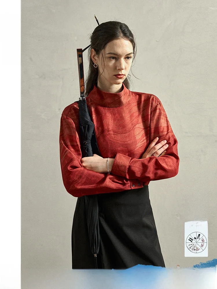 

Chic Chinese Sle Printed Silk irt Women's Faionable Red Year New Winter Collection High Collar Long Sve Button up Bl...