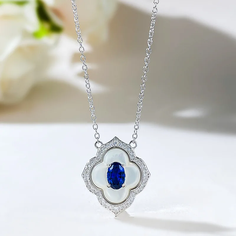 S925 pure silver white Fritillaria inlaid with royal blue 4 * 6mm necklace for women's collarbone chain pendant