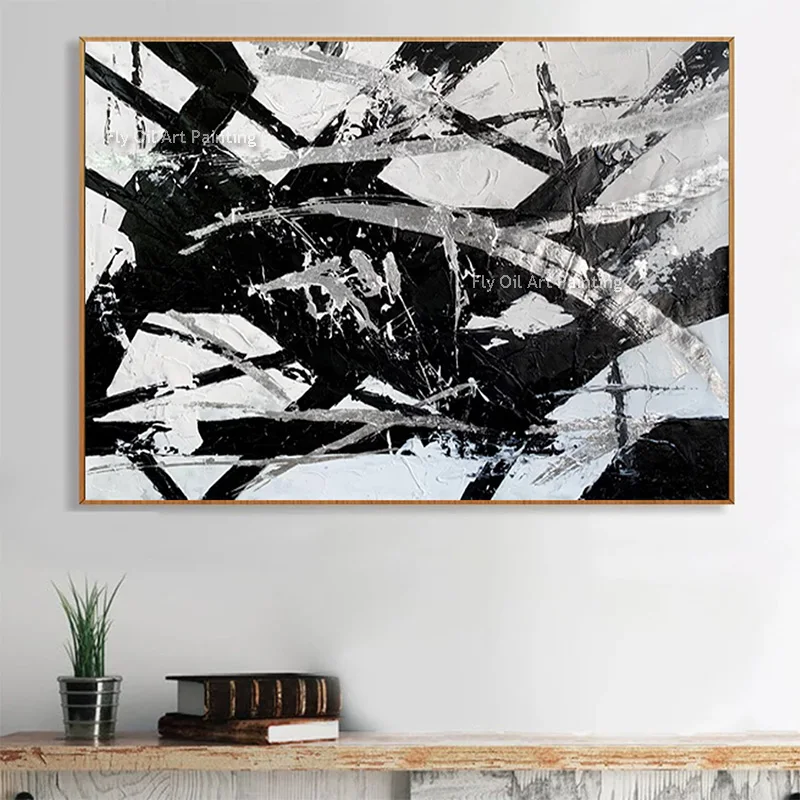 Simplism Design Black White Color Messy Canvas Thick Wall Art tems New Hand Made Grey Black Oil Painting For Room Hall Decor