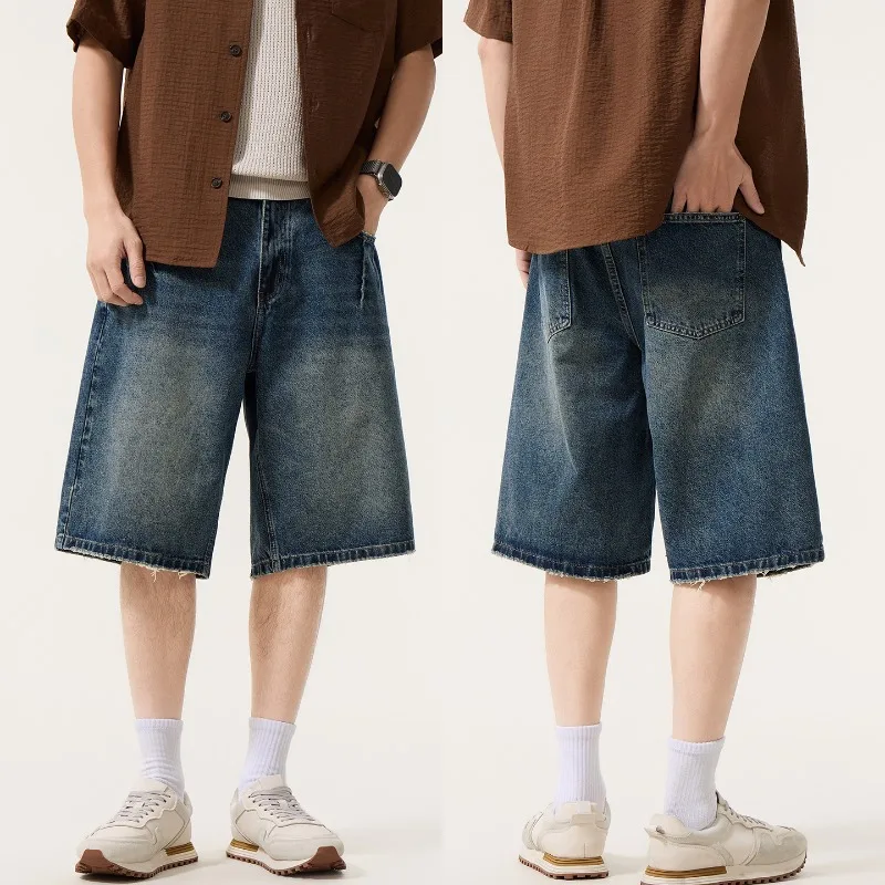 2026 Men's Retro High Street Lightning Pattern Six-Point Denim Shorts Summer Loose Wide Leg Straight Knee-Length Jeans