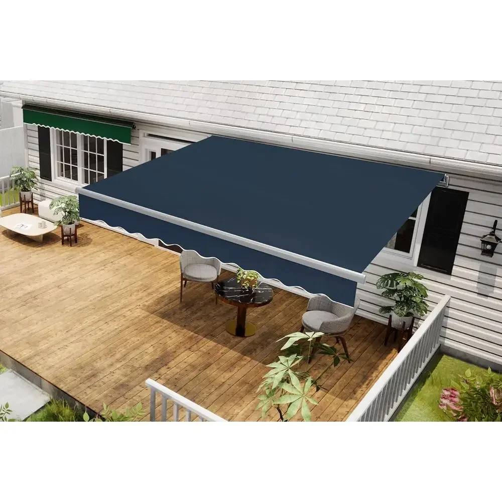 8x7ft Manual Retractable Patio Awning with 280G Polyester Fabric, Navy Blue
