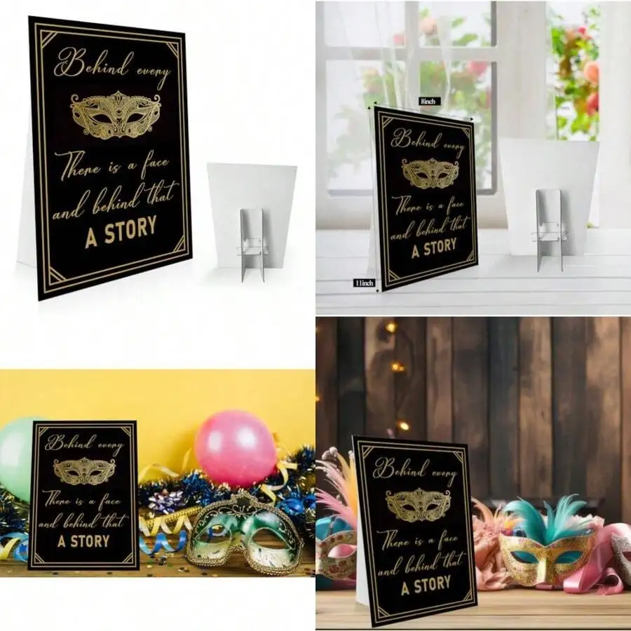 

Masquerade Party Table Sign Behind Every Mask There Is A Face Black And Gold Decor