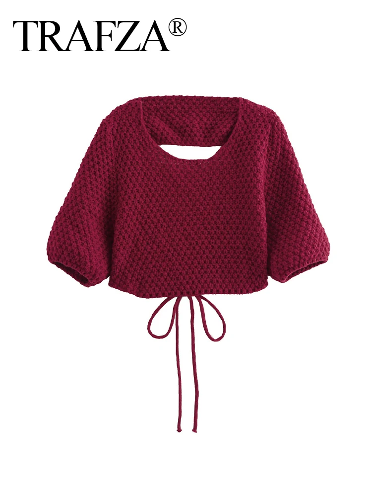 TRAFZA Women's New Fashion Sexy Round Neck Backless Knitted Tie Short Sweater Female Retro Versatile High Street Casual Sweater