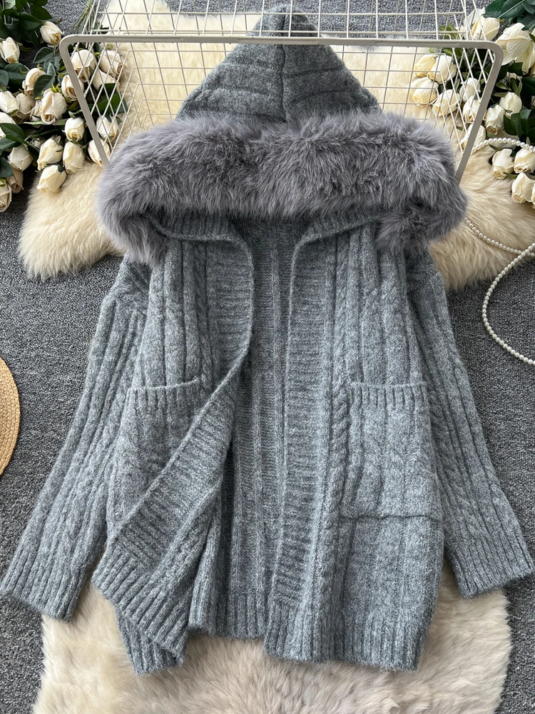 

Корейская женская верхняя одежда Lazy Sle, вязаный свитер, зимний свободный кардиган с меховым воротником и капюшоном, пальто, повседневное, удобное