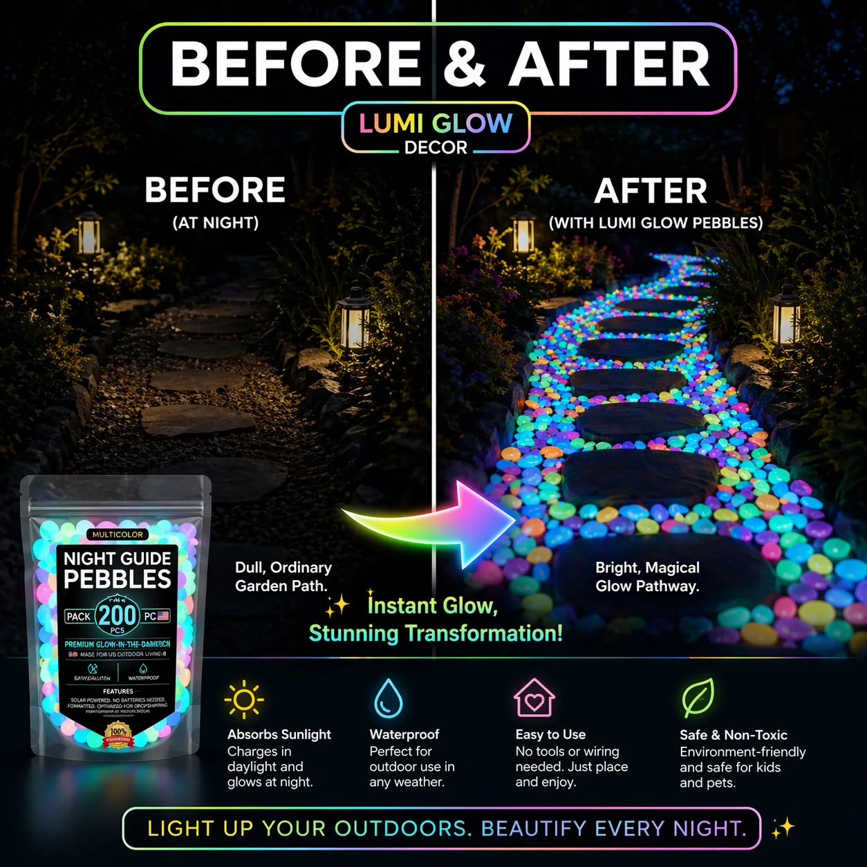 200pcs Glowing Garden Pebbles for Outdoor Paths & Indoor Tanks – Absorb Light, Shine 6+ Hours at Night Luminous Garden Stones