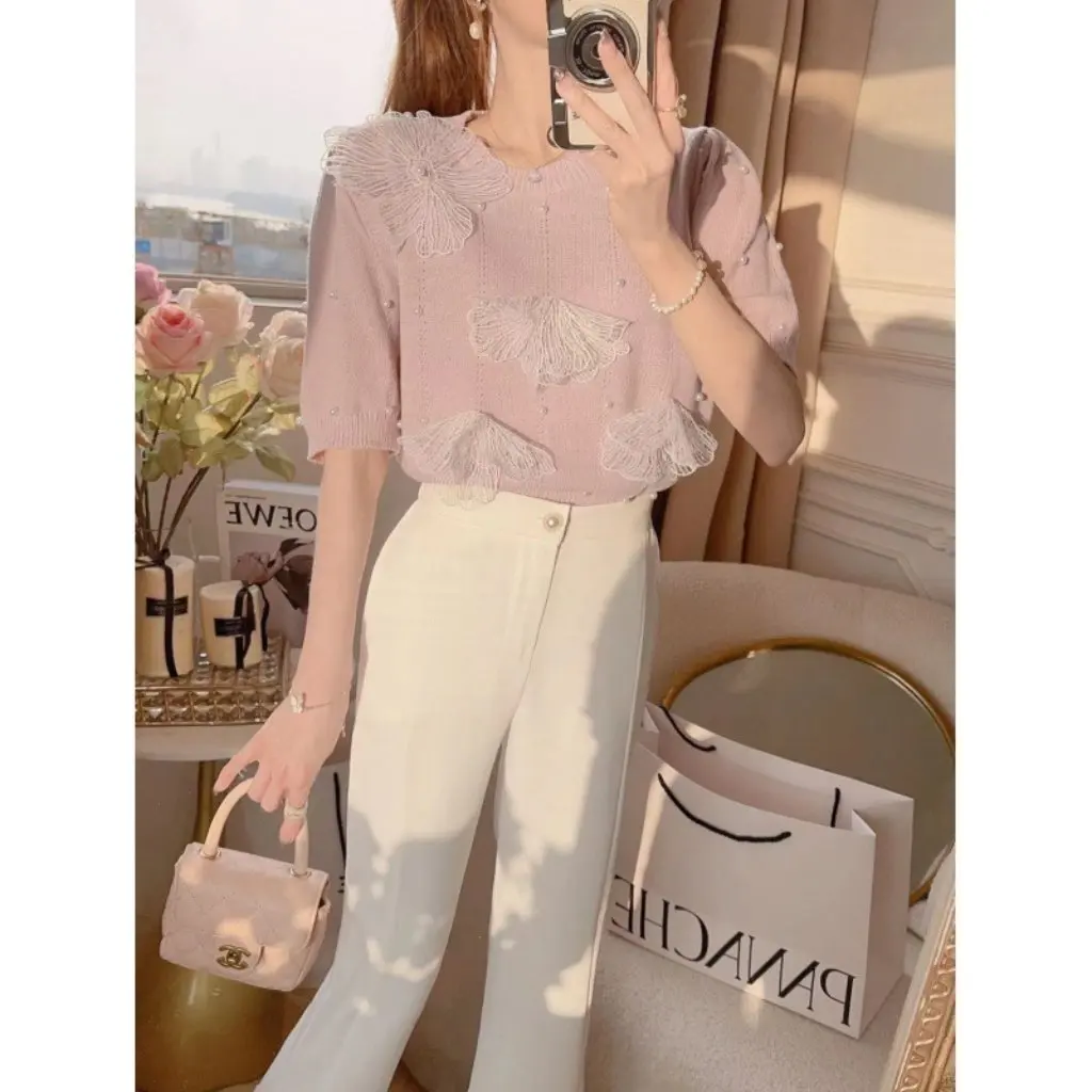 

Women's French-Style Gentle Knit Sweater Slimming Short-Sleeve Top Versatile Trendy Outfit for Summer