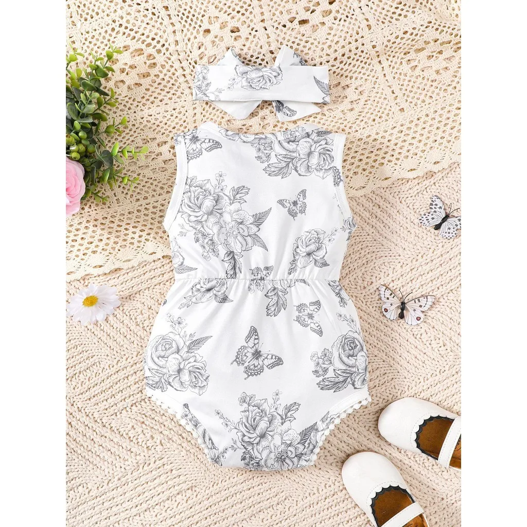 0-24 Months Newborn Baby Girl Bodysuit+Headband 2PCS Set Simple Sleeveless Jumpsuit with Tassels Summer Toddler Girl Clothes