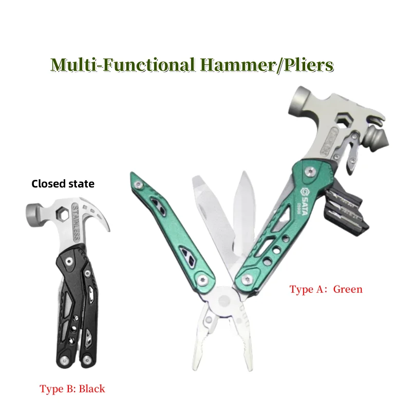 SATA 17-IN-1 EDC Outdoor Multi-Tool Hammer Vehicle-Mounted Window-Breaking Escape Hammer Tool Pliers