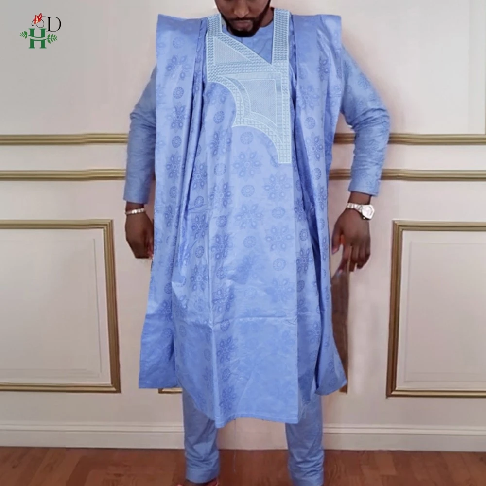H&D African Traditional Muslim Ramadan Embroidery Wedding Party Thobe Bazin Riche Outfits 3PCS Robe Suit No Cap For Men Agbada