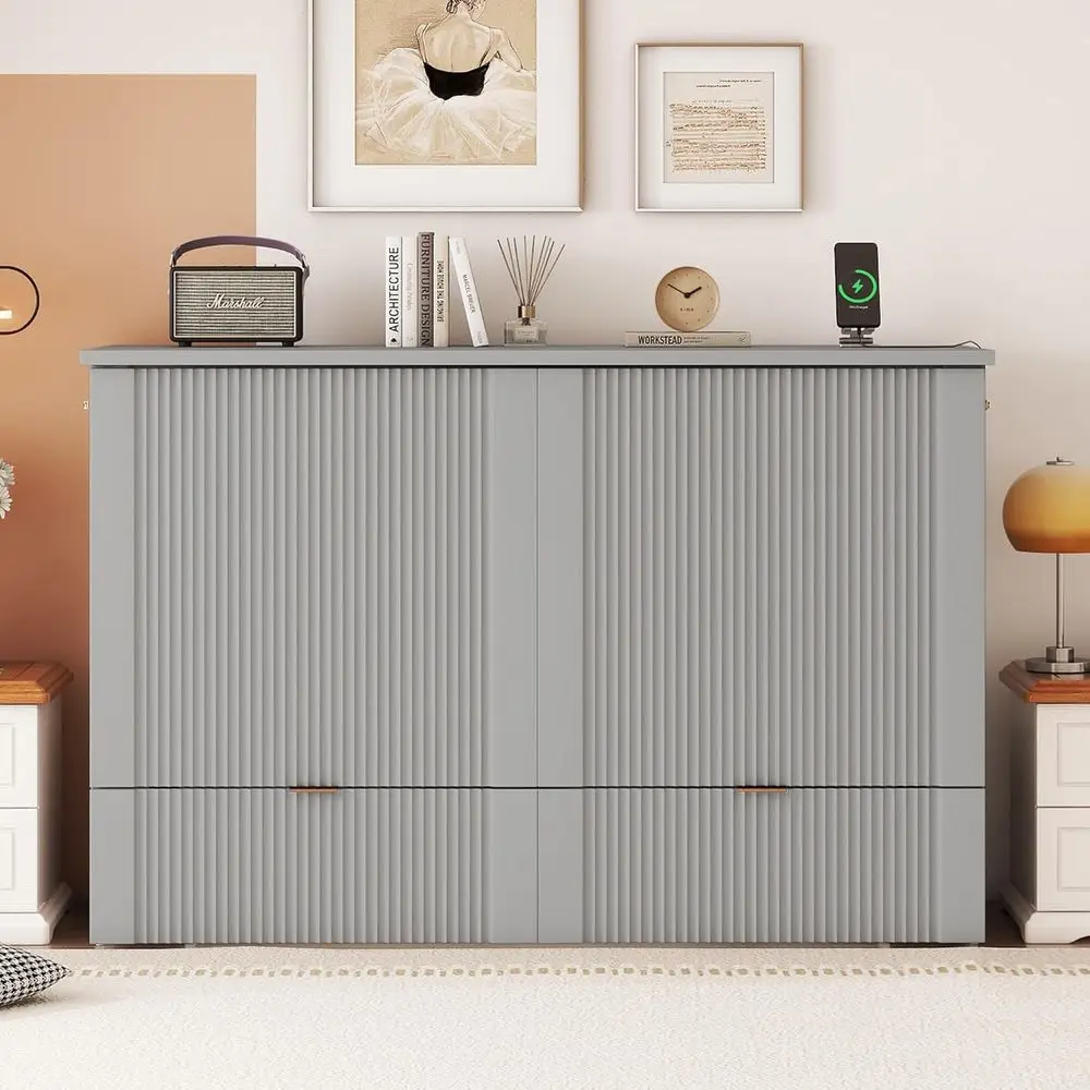 

Harper & Bright Designs ull Size Murphy Bed, Wood ull Wall Bed with Der and a Set o Sockets & USB Ports, Pulley Structure Design