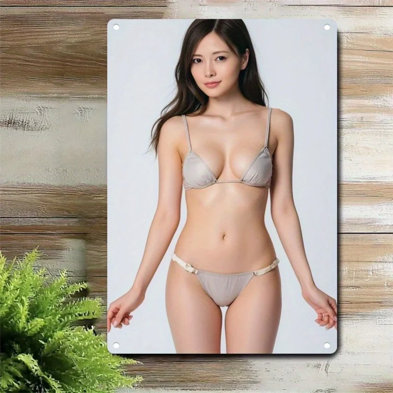 Pintura en Lámina Metálica 2D, Letrero Metálico HD, Belleza Asiática en Bikini Gris Claro, Placa Decorativa Vintage para Pared, Decoración Retro 2D para Playa