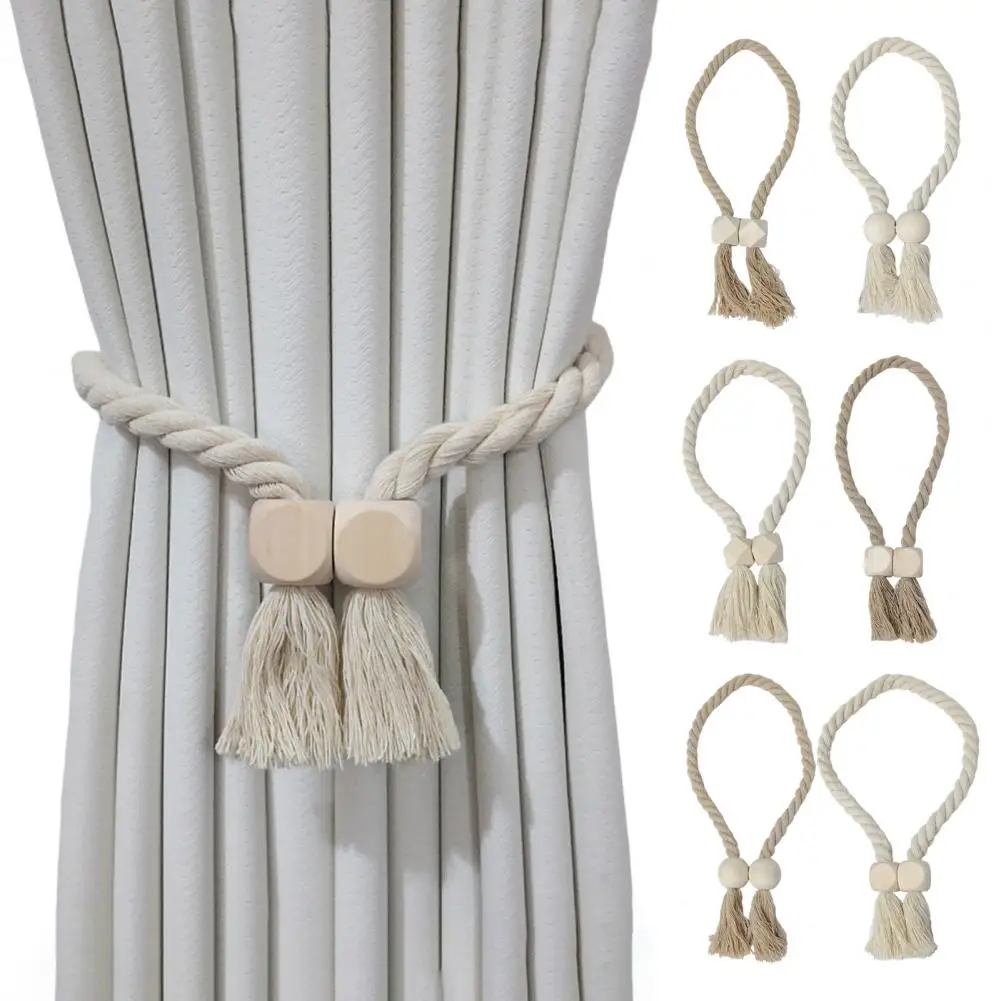 2Pcs Magnetic Curtain Tiebacks Natural Cotton Hand Woven Rope Wooden Ball Boho Curtain Buckle Home Decor Drape Holdbacks