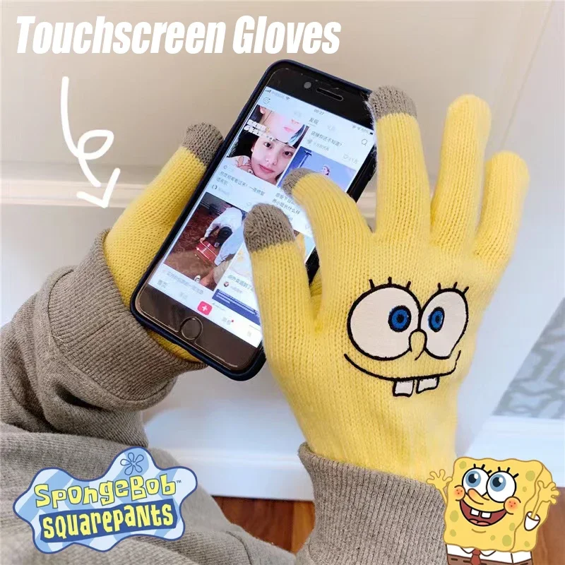 Guanti SpongeBob Cartoon Anime Guanti touchscreen lavorati a maglia invernali da donna Sport all'aria aperta Guanti carini caldi e freddi antivento