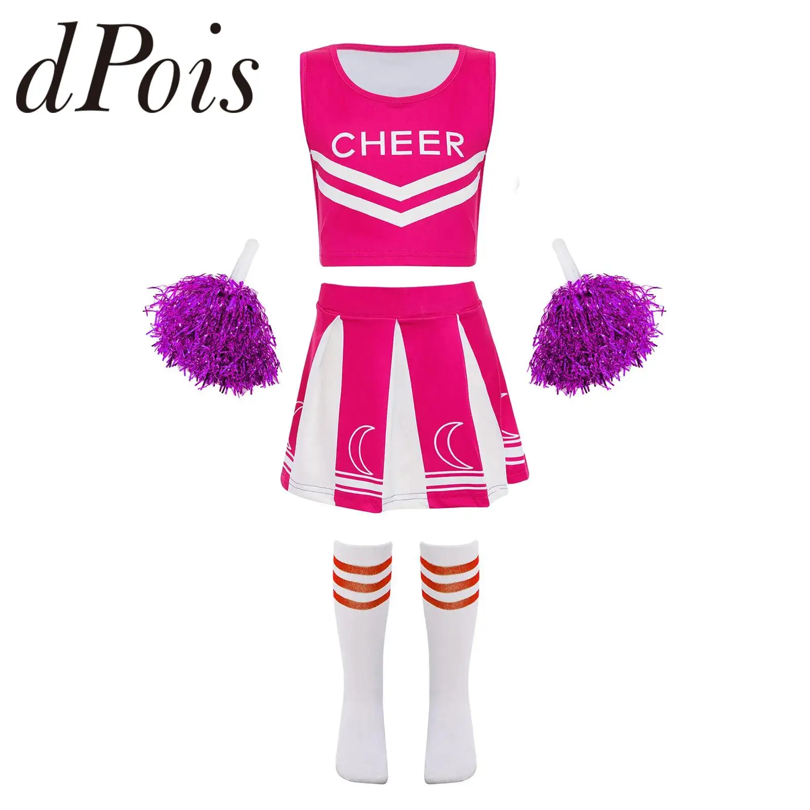 with Flower Balls Girls Cheerleading Performance Outfit Sleeveless Letter Print Crop Top with Pleated Skirt And 1 Pair Socks