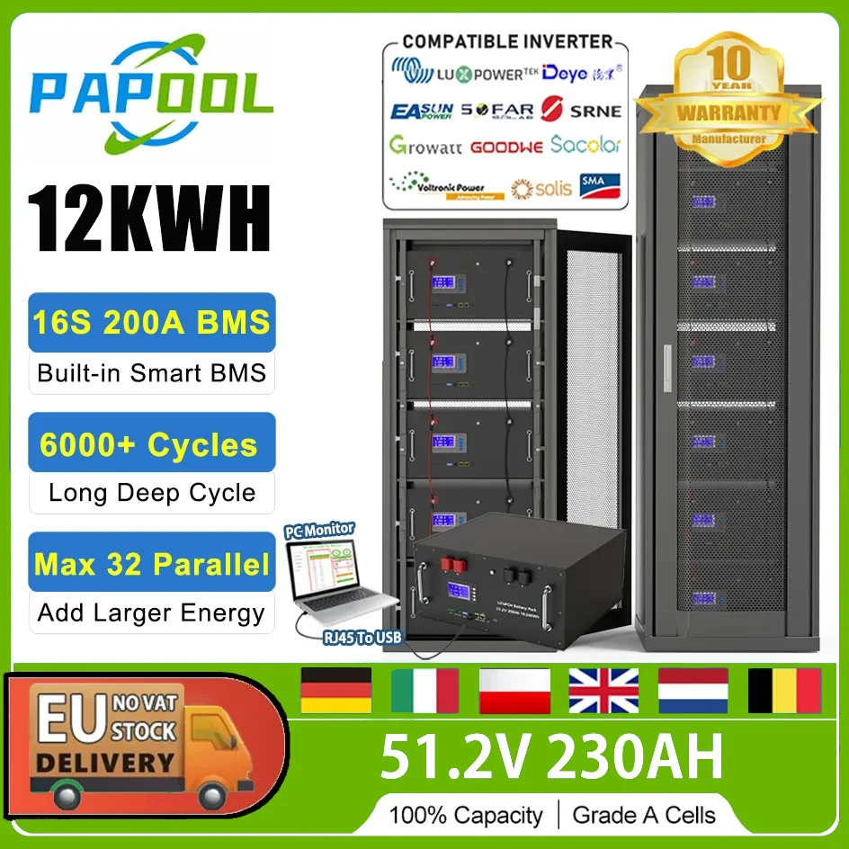 

LiFePO4 Battery 48V 230Ah 12Kwh Akku 6000+ Cycles 16S BMS RS485 CAN Max 32 Parallel PC Monitor 51.2V 100Ah 120Ah 200Ah EU NO TAX