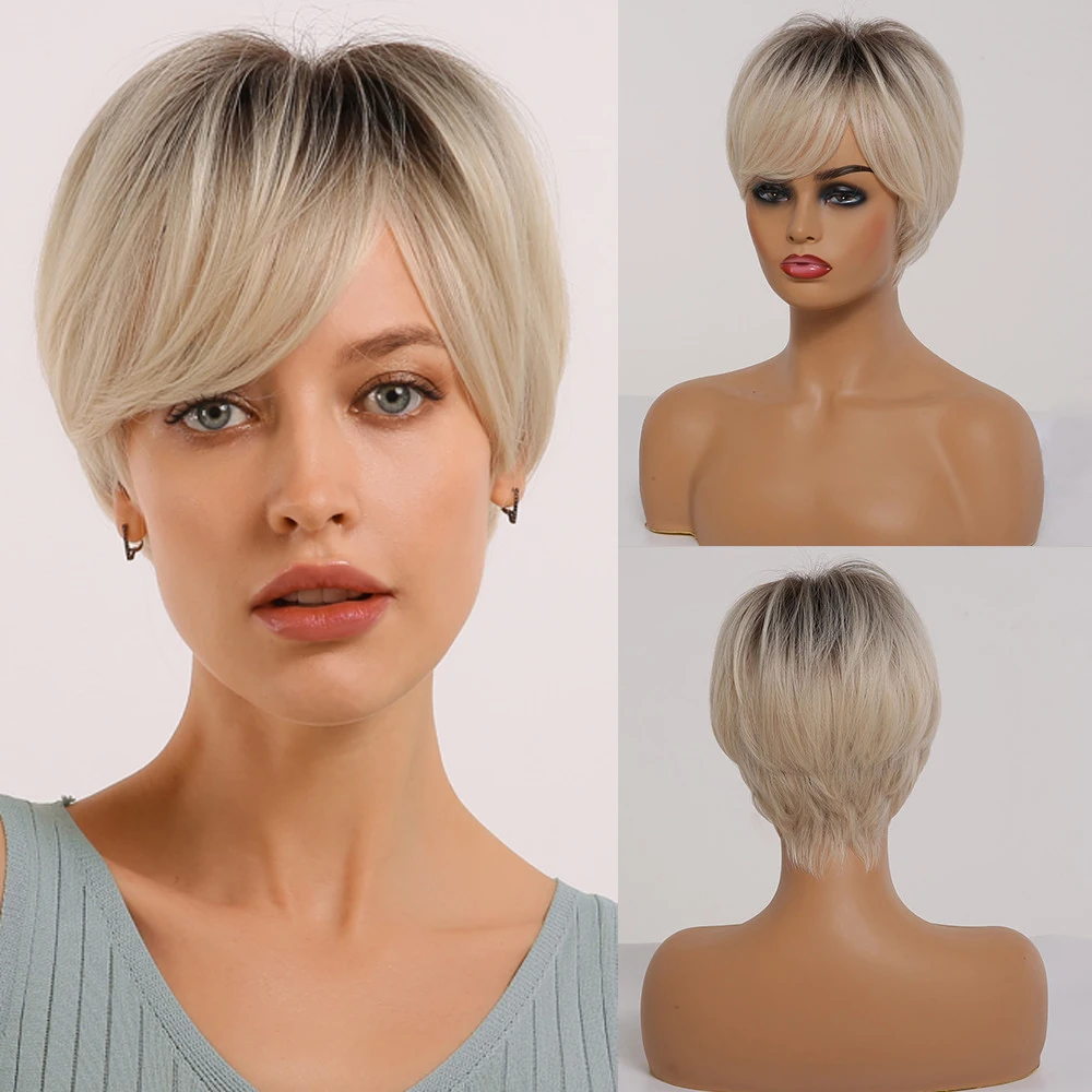 Short Brown Highlight Wig for Women, Pixie Cut