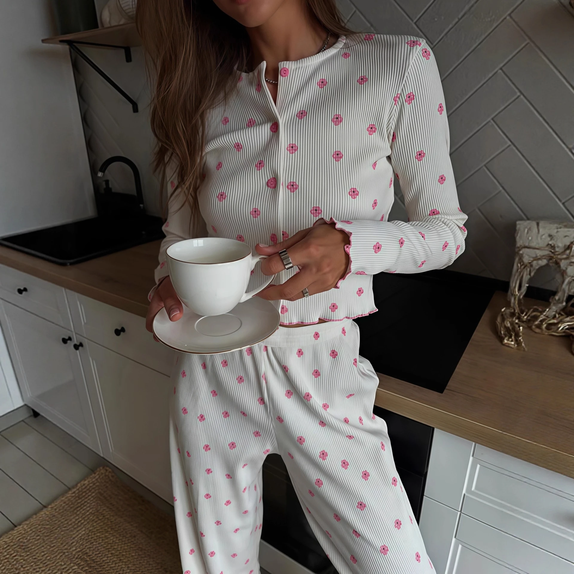Floral Print Long Sleeve Top And Pants Set with Wood Grain Ruffle Design Home Clothes Outerwear Youth Straight Leg Trousers