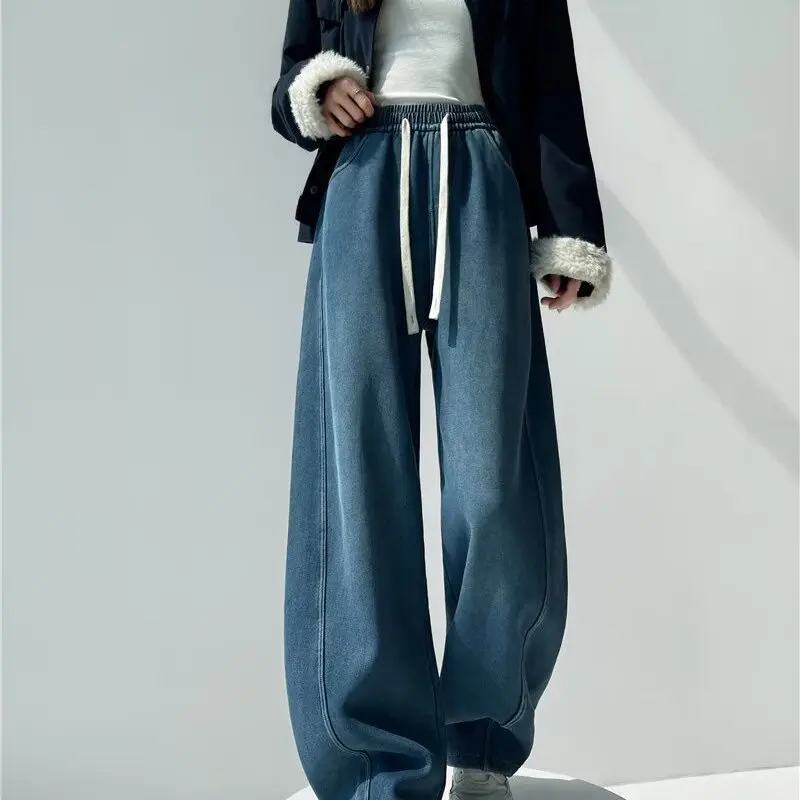 

High Waist Fleece Lined Wide Leg Jeans Corduroy Straight Cut Trousers Winter New Style Drawstring Slimming Versatile Long Pants