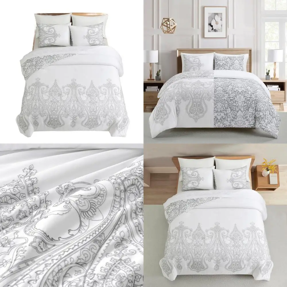 

Queen Size Reversible Comforter Set in Grey & White with Embroidered Front and Printed Reverse