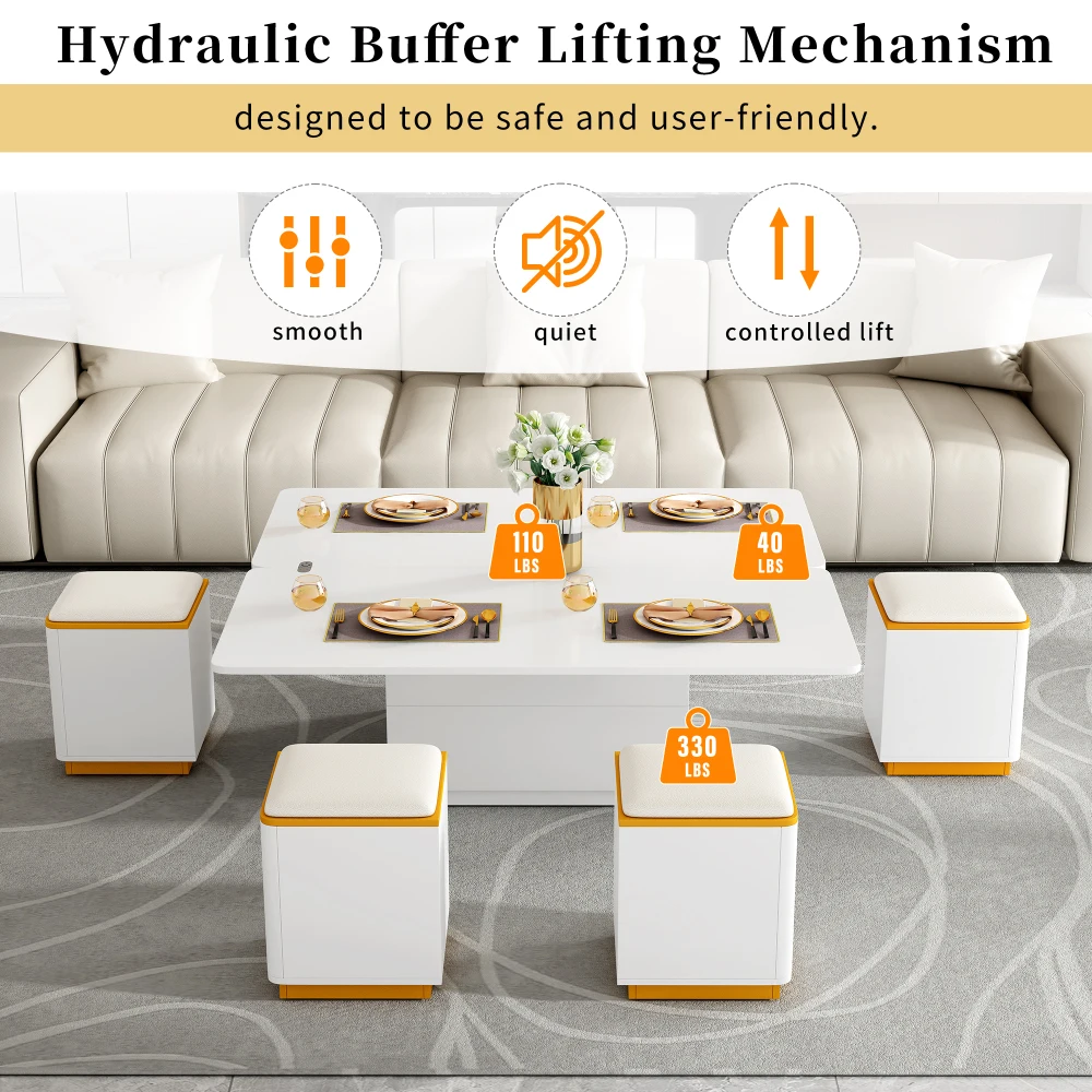U-Can Lift-Top Coffee Table with 4 Storage Stools Saving Center Table Multi-Functional Adjustable Coffee Table for Living Room