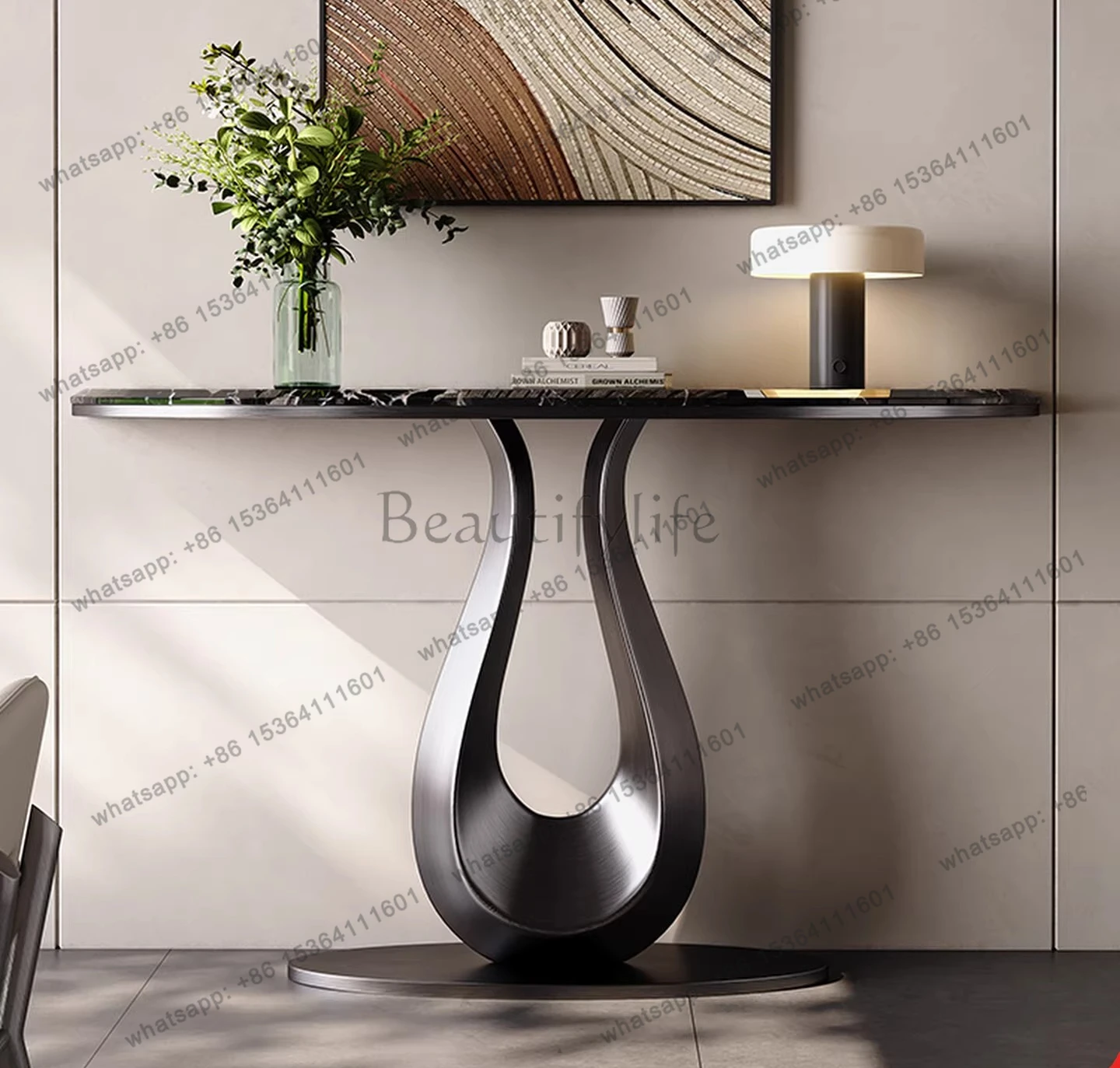 Entrance table light luxury high sense pure natural marble cabinet against the wall semi-circular entrance platform