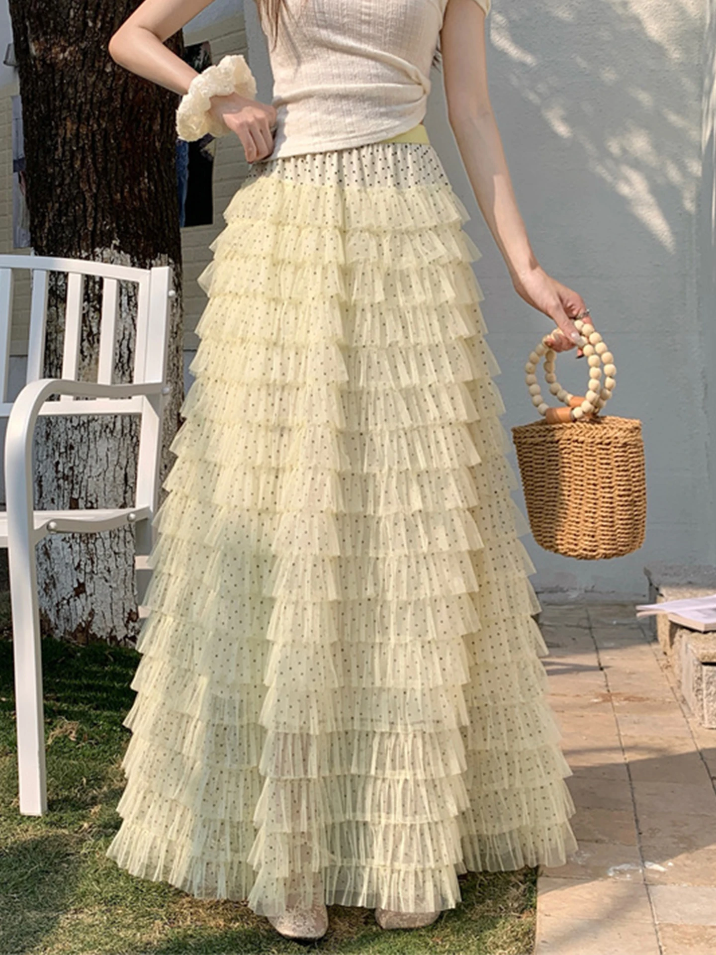 

Романтическая юбка-пачка в горошек с кружевной отделкой для женщин, весна-лето, милая, омолаживающая, А-силуэт, пышная, в стиле принцесс, с высокой талией, эластичная