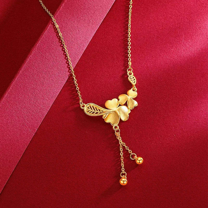 9999 Real Gold 24K New Chinese Wedding Bride Flower Blooming Edge Fixed Gold Raw Set Chain Gold Flower Leaf Necklace