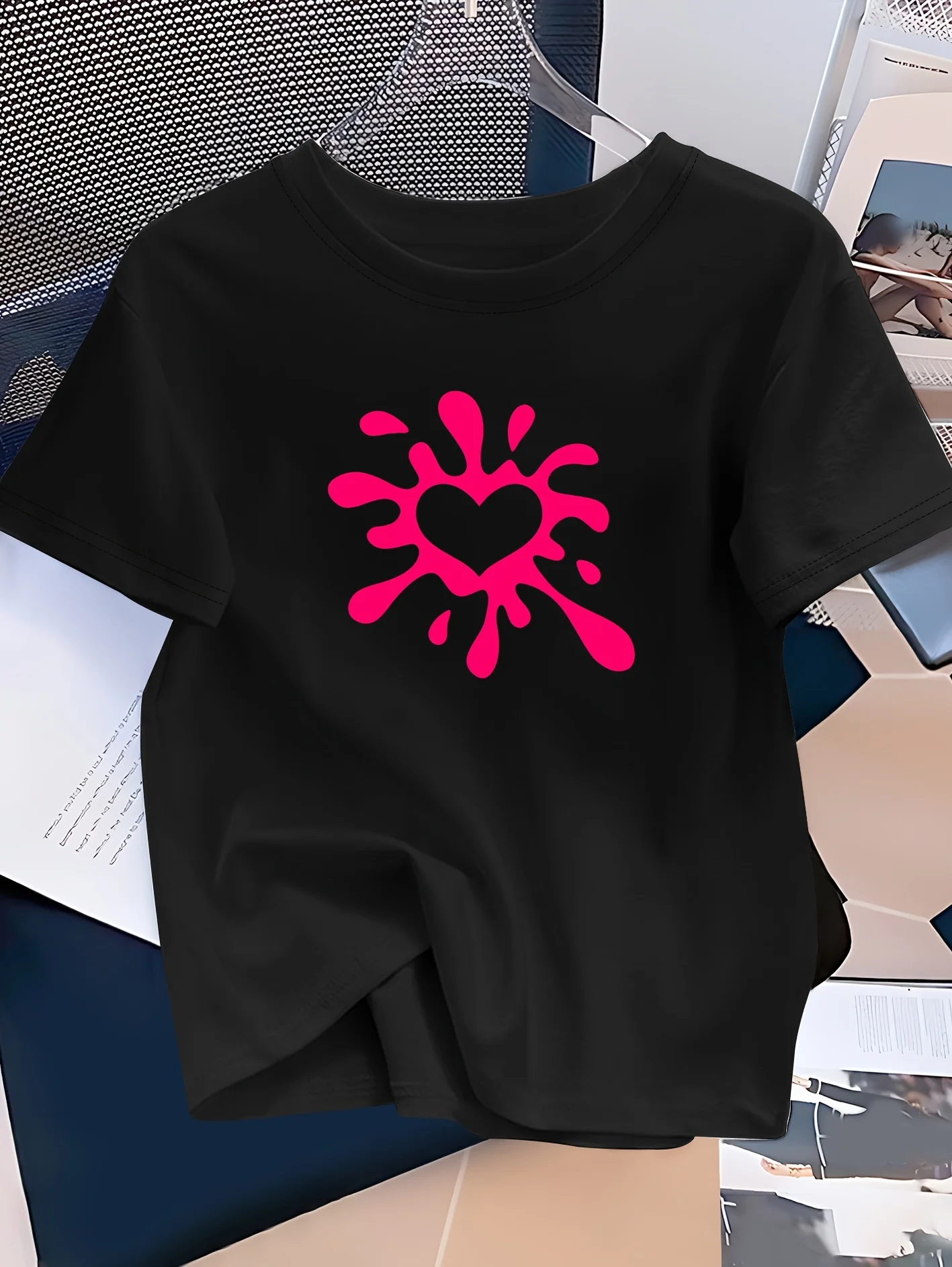 Women's Casual Elegant White Pink Splash Pattern Printed T-shirt - Round Neck Short Sleeves Suitable for Casual Wear Commuting