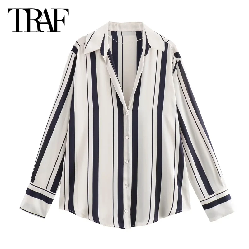 TRAF Women Shirts&Blouses 2024 Spring Summer Autumn Plus Size Long Sleeve Striped Shirts Ladies Fashion Casual Female Blouses