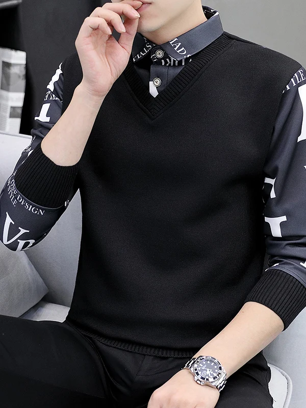 

Men's Knitted Sweater irt Collar Plaid Stripe Fake Two-Piece Set Winter Warm Polyester Fiber Long Sve Casual Faion