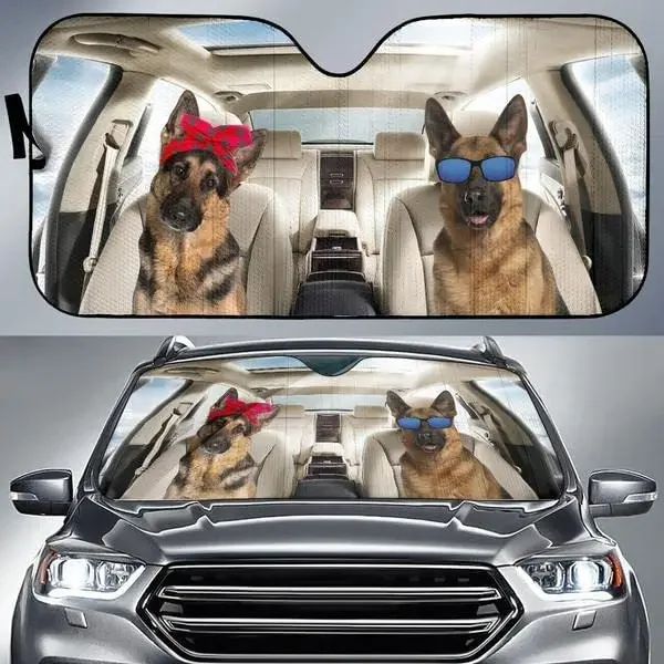 Funny German Shepherd Driving Headband and Eyeglasses Dog Couple Summer Car Sunshade, German Shepherd Car Window Sun Cover, Car