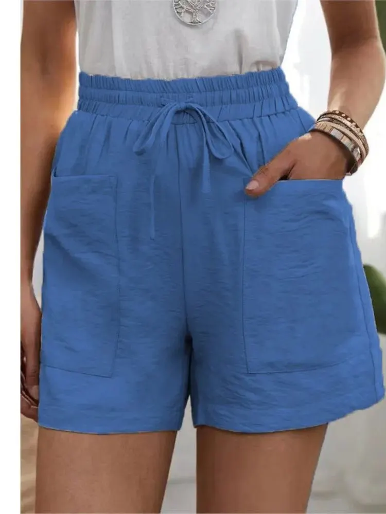 High Waist Elastic Wide Leg ort Pants Dstring  Color Loose Fit Straight Cut Polyester Fiber Casual Trousers