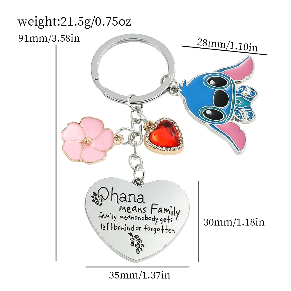 Stitch Key Chain Ohana Means Family Key Chain for Men Key Ring Flower Hearts Pendant Girls Gift Jewelry