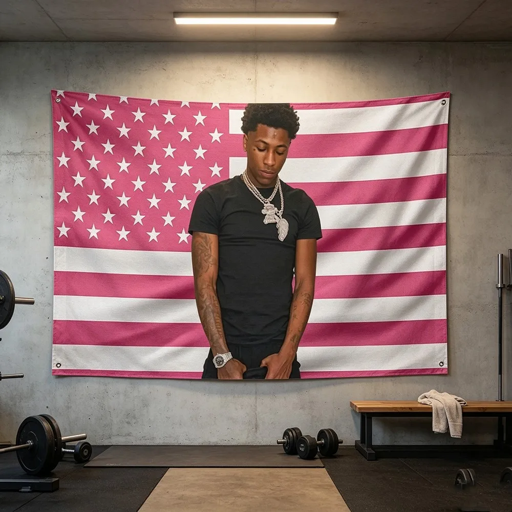 Pink American Flag Wall Tapestry, Hip‑Hop Rapper Figure Graphic Wall Hanging, Cool Aesthetic Wall Art Tapestry for Gym Bedroom Man Cave Dorm Decor