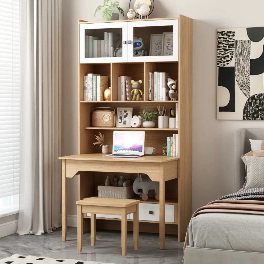 Solid wood folding desk bookshelf integrated one-piece cabinet learning solid wood computer desk