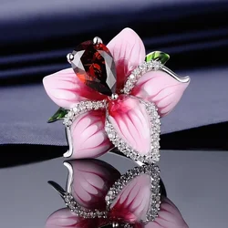 Milangirl Pink Flower Rings for Women Luxury Plant Floral Design Red Zircon Birthstone Ring Engagement Jewelry Whole Sale