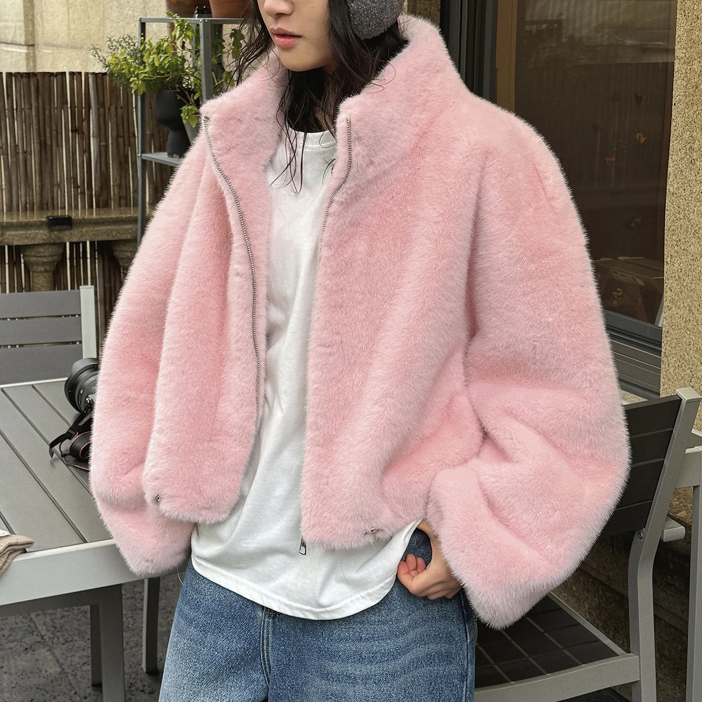 

Faux Fur Zip Up Jacket Pink Cropped Coat S