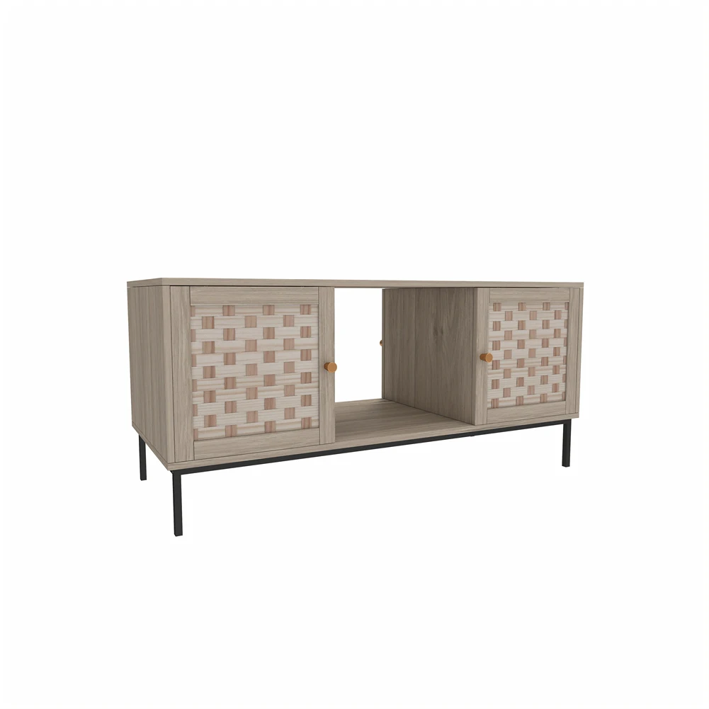 US STOCK Elegant Veneer Weaving Design Coffee Table With Sliding Door Symmetrical Design Storage Cabinet For Living Room Bedroom